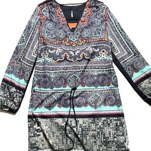 Clover Canyon Boho Patterned Long Sleeve Dress with Drawstring Waist Sz. Medium